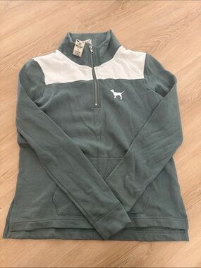 PINK Victoria's Secret Green & White Quarter-Zip Pullover Hoodie